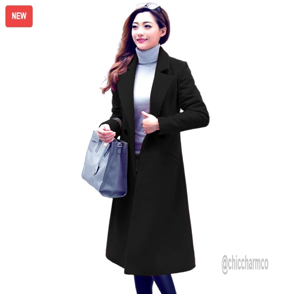 Long Wool Peacoat Women's Winter Coat Slim Fit Below Knee Length